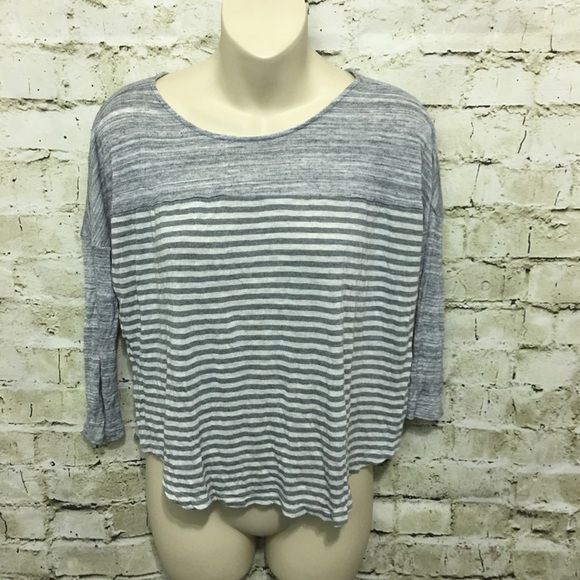 🌻 LOFT Gray Striped 3/4 Sleeve Knit Top A48 - Picture 1 of 5